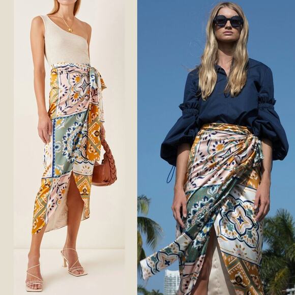 Silvia Tcherassi Bonnan Silk Wrap Skirt Teal Honey Mosaic Print S - Picture 1 of 8